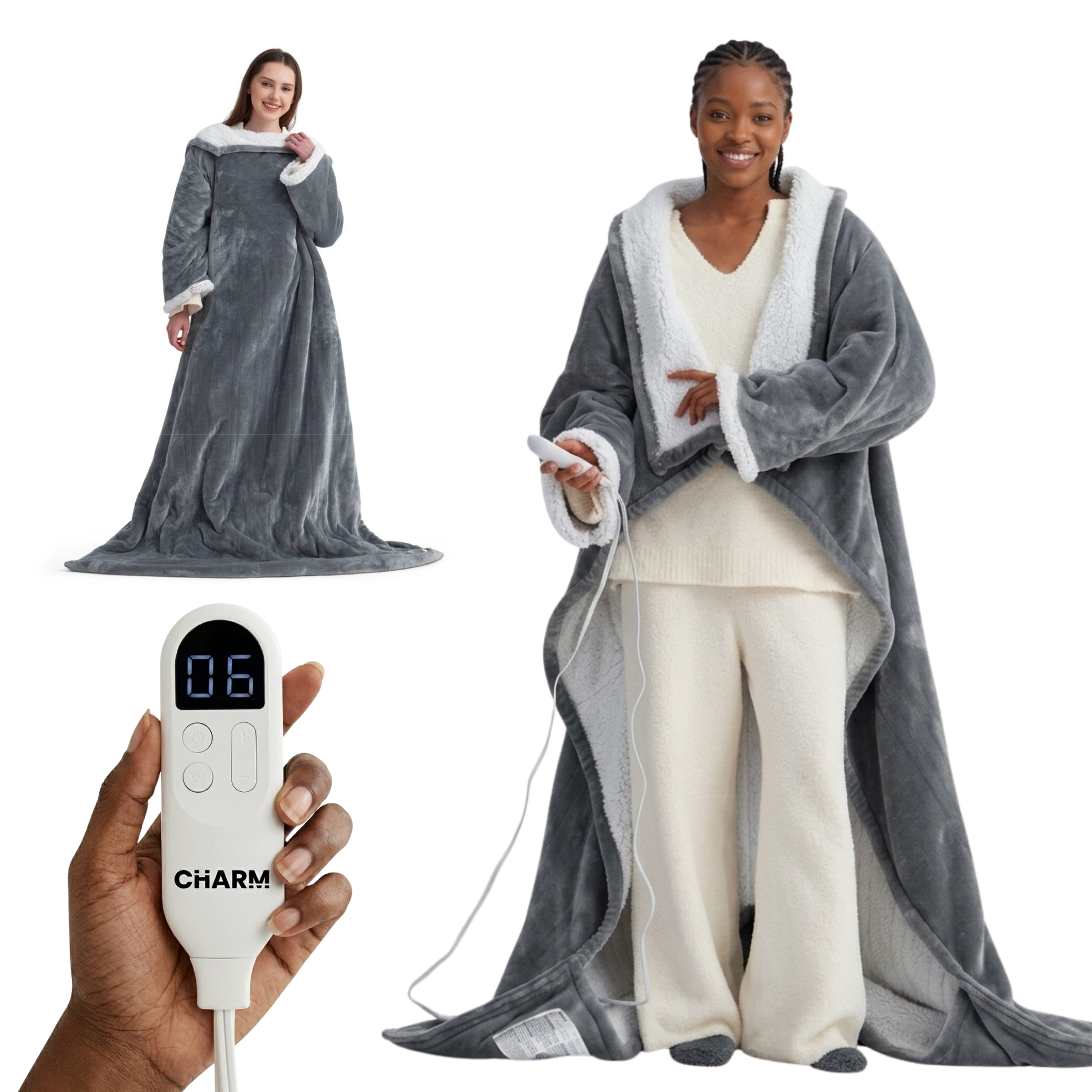 The Therma luxury wearable heated blanket in slate grey powered by USB power bank